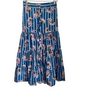 Miss Madigan Tiered Blue Stripe Zebra Animal Block Print Maxi Skirt Women's S